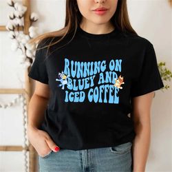 running on bluey & iced coffee with matching pocket shirt, bluey shirt, trendy blue dog shirt, iced coffee tee, gift for