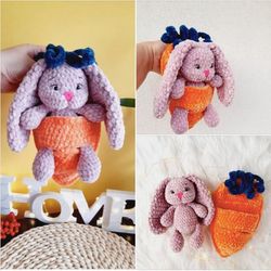Crochet bunny baby in a backpack in the shape of a carrot, CROCHET BUNNY Pattern, Crochet Animal pattern, Amigurumi