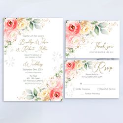 Boho Pink Floral Wedding Invitation Set, Bohemian Wedding Invitation Set Printable, Wedding Invitation Card Set Template