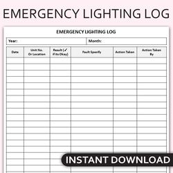 Printable Emergency Lighting Log, Emergency Lighting Test Record Sheet, Lighting Maintenance Tracker, Editable Template