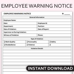 Printable Employee Warning Notice, Employee Disciplinary Notice, Employee Write Up Form, Editable Template