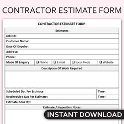 Printable Contractor Estimate Form, Project Cost Tracker, Construction Bid Sheet, Job Quote Log, Work Proposal