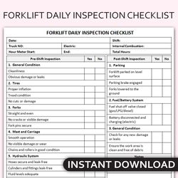 Printable Forklift Daily Inspection Checklist, Forklift Operator Log, Forklift Safety Checklist Template
