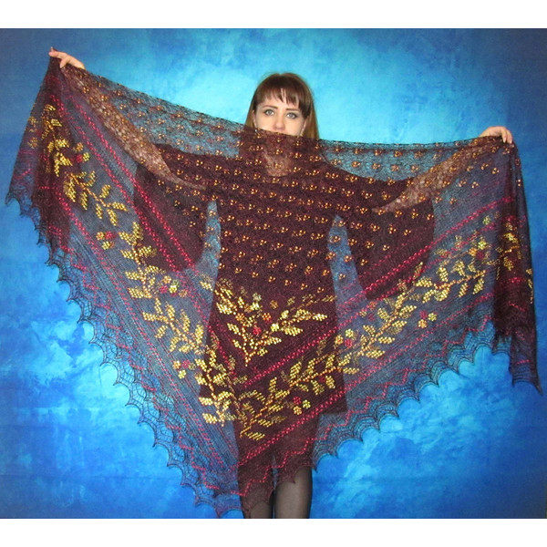Dark burgundy embroidered large Orenburg Russian shawl, Hand knit cover up, Wool wrap, Handmade stole, Warm bridal cape, Kerchief, Big scarf, Gift for her 2.JPG