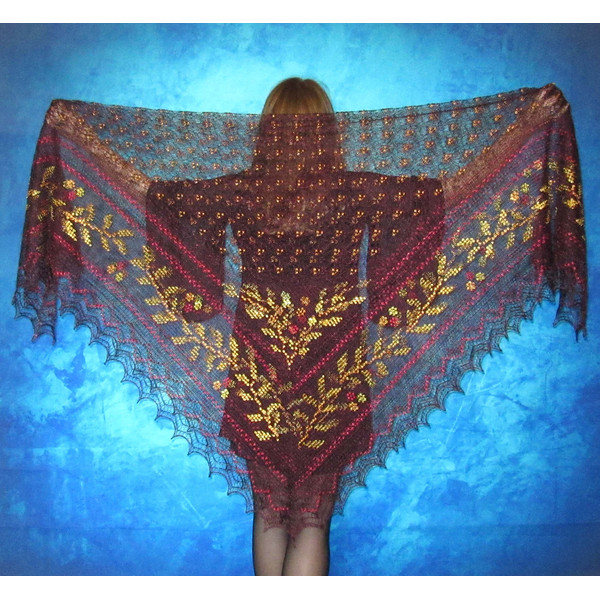 Dark burgundy embroidered large Orenburg Russian shawl, Hand knit cover up, Wool wrap, Handmade stole, Warm bridal cape, Kerchief, Big scarf 4.JPG