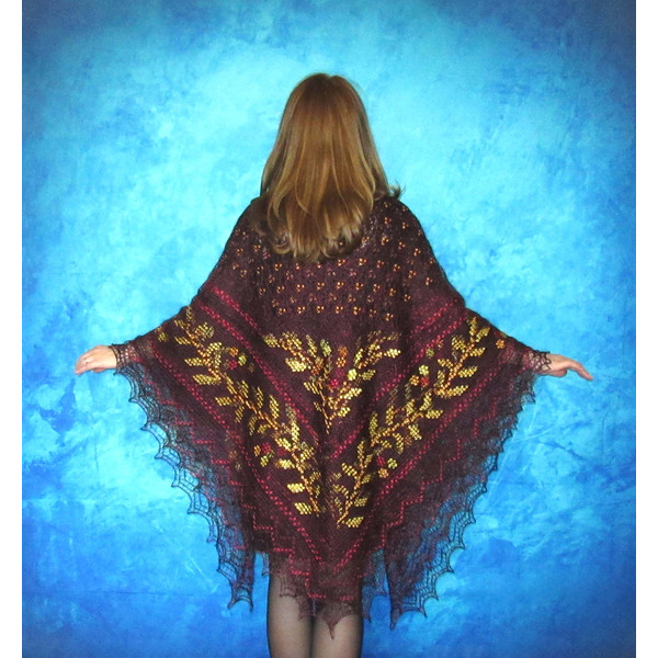 Dark burgundy embroidered large Orenburg Russian shawl, Hand knit cover up, Wool wrap, Handmade stole, Warm bridal cape, Kerchief, Big scarf, Gift for her.JPG