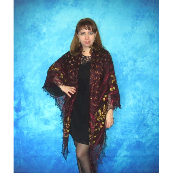 Dark burgundy embroidered large Orenburg Russian shawl, Hand knit cover up, Wool wrap, Handmade stole, Warm bridal cape, Kerchief, Big scarf, Gift for mother.JP