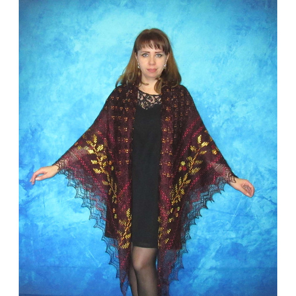 Dark red embroidered large Orenburg Russian shawl, Hand knit cover up, Wool wrap, Handmade stole, Warm bridal cape, Kerchief, Big scarf 3.JPG