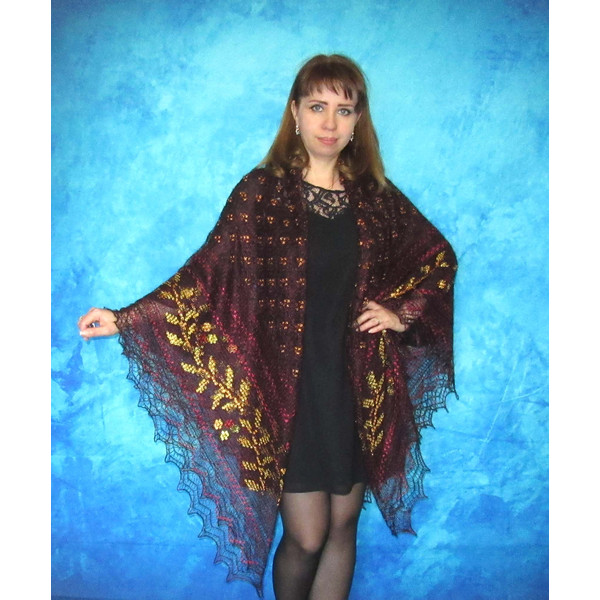 Maroon embroidered large Orenburg Russian shawl, Hand knit cover up, Wool wrap, Handmade stole, Warm bridal cape, Kerchief, Big scarf 6.JPG