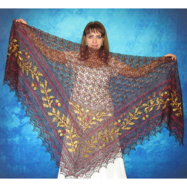 Dark burgundy embroidered large Orenburg Russian shawl, Hand knit cover up, Wool wrap, Handmade stole, Warm bridal cape, Kerchief, Big scarf 2.JPG
