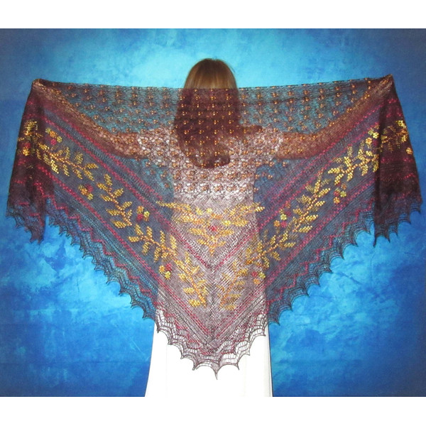 Dark burgundy embroidered large Orenburg Russian shawl, Hand knit cover up, Wool wrap, Handmade stole, Warm bridal cape, Kerchief, Big scarf 5.JPG