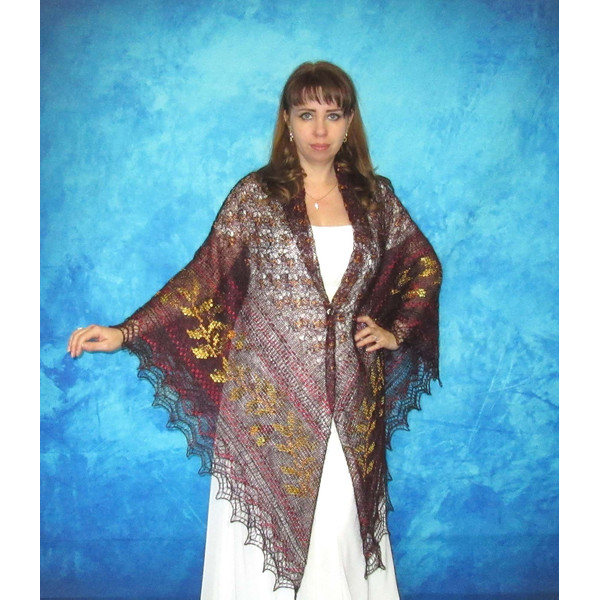 Dark burgundy embroidered large Orenburg Russian shawl, Hand knit cover up, Wool wrap, Handmade stole, Warm bridal cape, Kerchief, Big scarf, Gift for mom.JPG