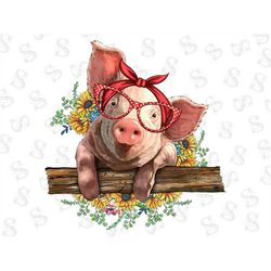 Western Pig With Sunflower Bandana Png Sublimation Design,Animals Baby Pig,Sunflower Png,Bouquet Png,Western Baby Pig,Di