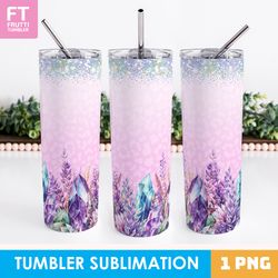 Crystal Tumbler Wrap Design, Pink Floral Tumbler PNG, Fairy Tumbler Wrap PNG, Amethyst Sublimation Design, Glitter
