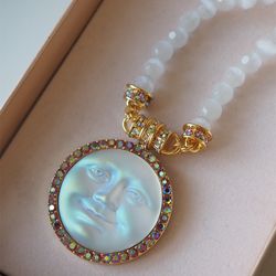 Vintage Antique Opal Necklace With Shiny Rhinestone  Moon Face Crystal Round Pendant Gold Plated Jewelry Girl Gift