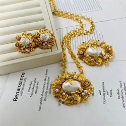 Trend 2023!!! Flower Necklace Jewelry Set Medieval Vintage Floral 22K Gold Plated High Quality 3D Carved Pearl