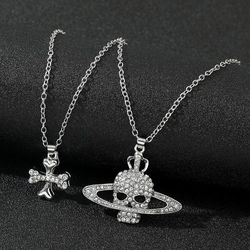 Cross Skull Saturn Necklace Crystal Rheinstone Pendant Chain Gothic Death Planet Jewelry Hip Hop Punk Woman Man