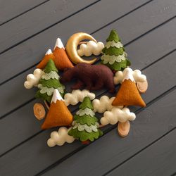 Woodland baby mobile Mountain baby mobile natural, Crib mobile with bear, mountain and spruces, Woodland felt animals