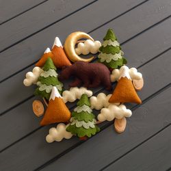 woodland baby mobile mountain baby mobile natural, crib mobile with bear, mountain and spruces, woodland felt animals
