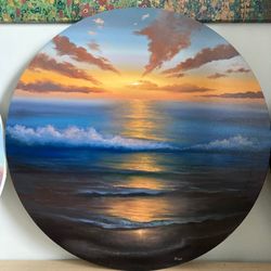 Original Sunset Ocean Oil Painting, Round Canvas Painting, Original Canvas Art, Seascape Painting, Ocean Wall Decor