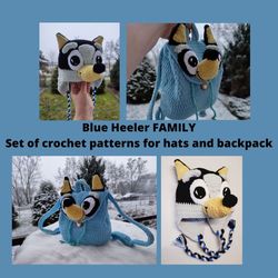 Crochet patterns, 2 crochet patterns for hat and backpack, Blu Dog - Backpack PDF, Crochet Bluey Dog Hat Pattern