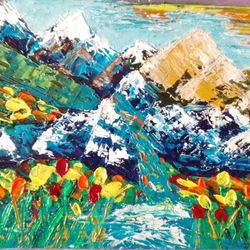 Mountain landscape poster Oil impasto painting