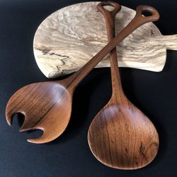 Carved wooden salad server set from walnut Wooden cooking set Wooden spoon Wooden fork Wooden pasta set Cooking tools