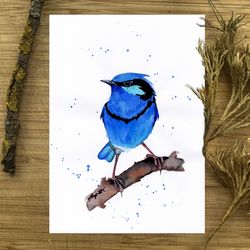 Little blue bird painting, watercolor paintings, handmade home art bird watercolor painting by Anne Gorywine