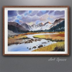 watercolor painting, original, mountain river, unusual interior decor, office decoration, original gift, original