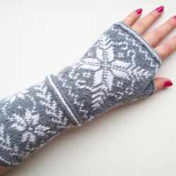 Wool fingerless gloves women's hand knitted fingerless mittens Norwegian winter gloves with stars Christmas gift for Her