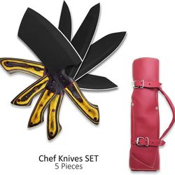 5 Pieces Handmade Carbon Steel Japanese Style Chef Knives Set with free Leather Cover