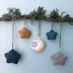 Amigurumi Knit Moon and Stars Christmas Ornament Pattern Set Digital Download