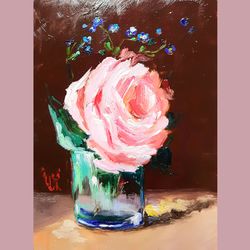 Original Rose painting, Impressionism flowers, Still life with flowers, Small painting 16 by 22