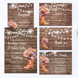 Country Wedding Invitation Set,  Cowboy boots Wedding Invitation Set Printable, Wedding Invitation Card Set Template