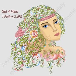 Clipart girl face - Transparent girl imaje - Cute girl clipart png - Set 4 files