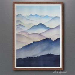 watercolor small painting, original, misty mountain, unusual interior decoration, decoration for office, for room, home