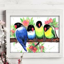 Lovebidrs watercolor, original birds painting art, bird painting parrots, birds watercolor, home decor by Anne Gorywine