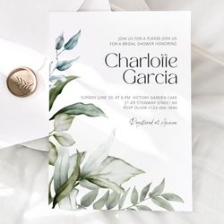 romantic bridal shower invitation, elegant greenery botanical wedding invite, floral watercolor wedding invitation