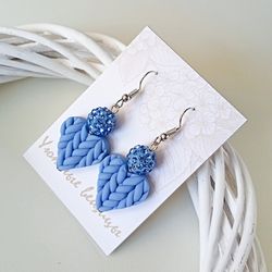 Heart dangle blue earrings/Elegant holiday earrings/Birthday polymer clay earrings/Lightweight earrings/Handmade Jewelry