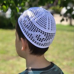 Knit Cotton Skull Cap Kufi - Mens Islam Prayer Hat Crochet Mesh Skully Beanie