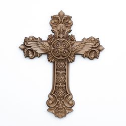 wall cross with wings wood carving | christian wall cross wood carved | highly detailed 3d religious wood carving gift