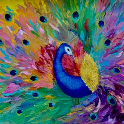 Abstract Painting Peacock Original Artwork lmpasto Painting Colorful Painting Oil Painting On Canvas Bird Art 18 x 24 in