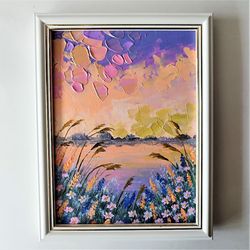 Unique Sunset Lake Landscape Painting - Nature Impasto Art