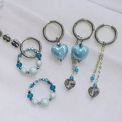 Handmade hoop earrings transformers with 6 pendants, blue and silver heart shaped earrings, Swarovski pearls earrings