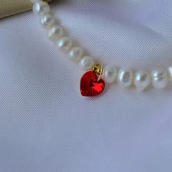 handmade red heart freshwater pearl necklace| ruby heart necklace| dainty red heart charm pendant baroque pearl necklace