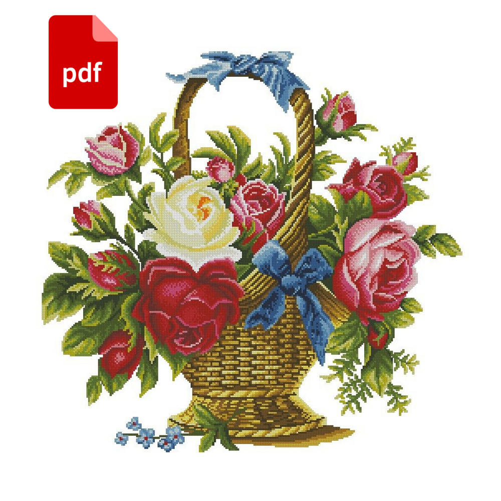 Pdf Cross Stitch Roses In The Basket Vintage Pattern Retro Flowers Cross Stitch Scheme Pillow 0