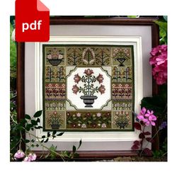pdf floral sampler cross stitch chart, spring sampler cross stitch rustic decor