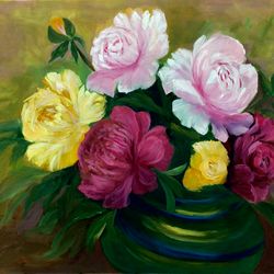 Peonies Painting Original Artwork Bright Peonies Painting Oil Painting On Canvas Colorful Painting Flowers Artwork
