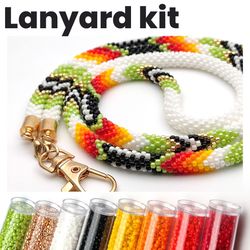 Green lanyard kit, Beaded lanyard kit, Bead crochet kit, Kit for lanyard, Lanyard beading pattern, Handmade accessories