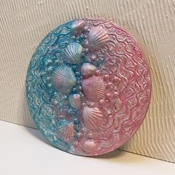 original textured painting with shells, blue pink mixed media art on wooden panel, 3d art with glitter, birthday gift